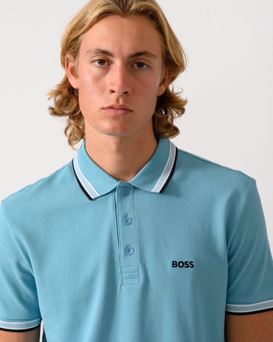 Boss Blue Paddy Cotton-Piqué Polo Shirt With Contrast Logo for men
