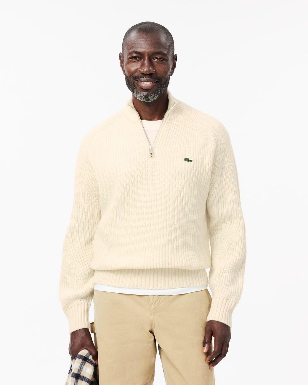 Lacoste Natural High Zip Neck Thick Rib Knit Wool Sweater for men