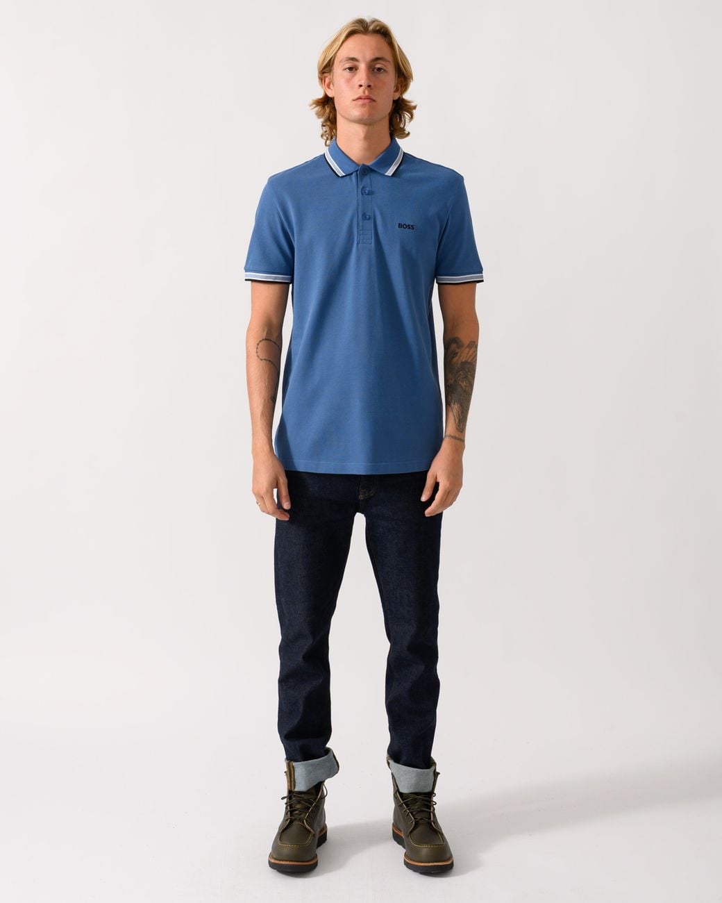 Boss Blue Paddy Cotton-Piqué Polo Shirt With Contrast Logo for men