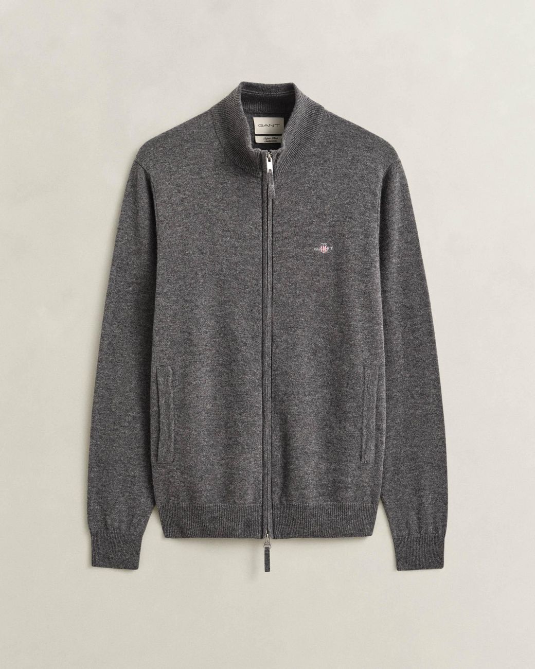 Gant Gray Superfine Lambswool Full Zip Sweater for men