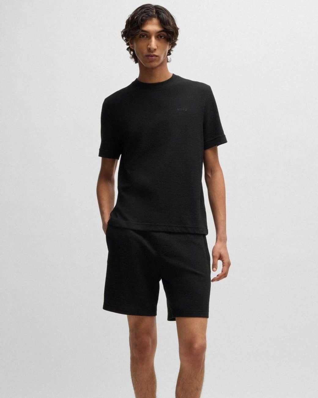 HUGO Black Austin Waffle-Structured Pyjama T-Shirt With Embroidered Logo for men