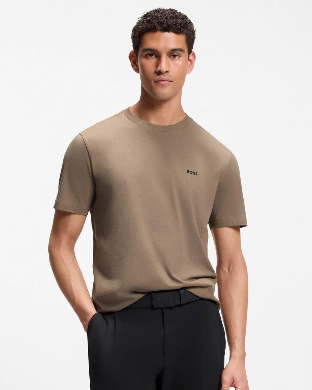 Boss Brown Tee Stretch Cotton T-Shirt With Contrast Logo for men
