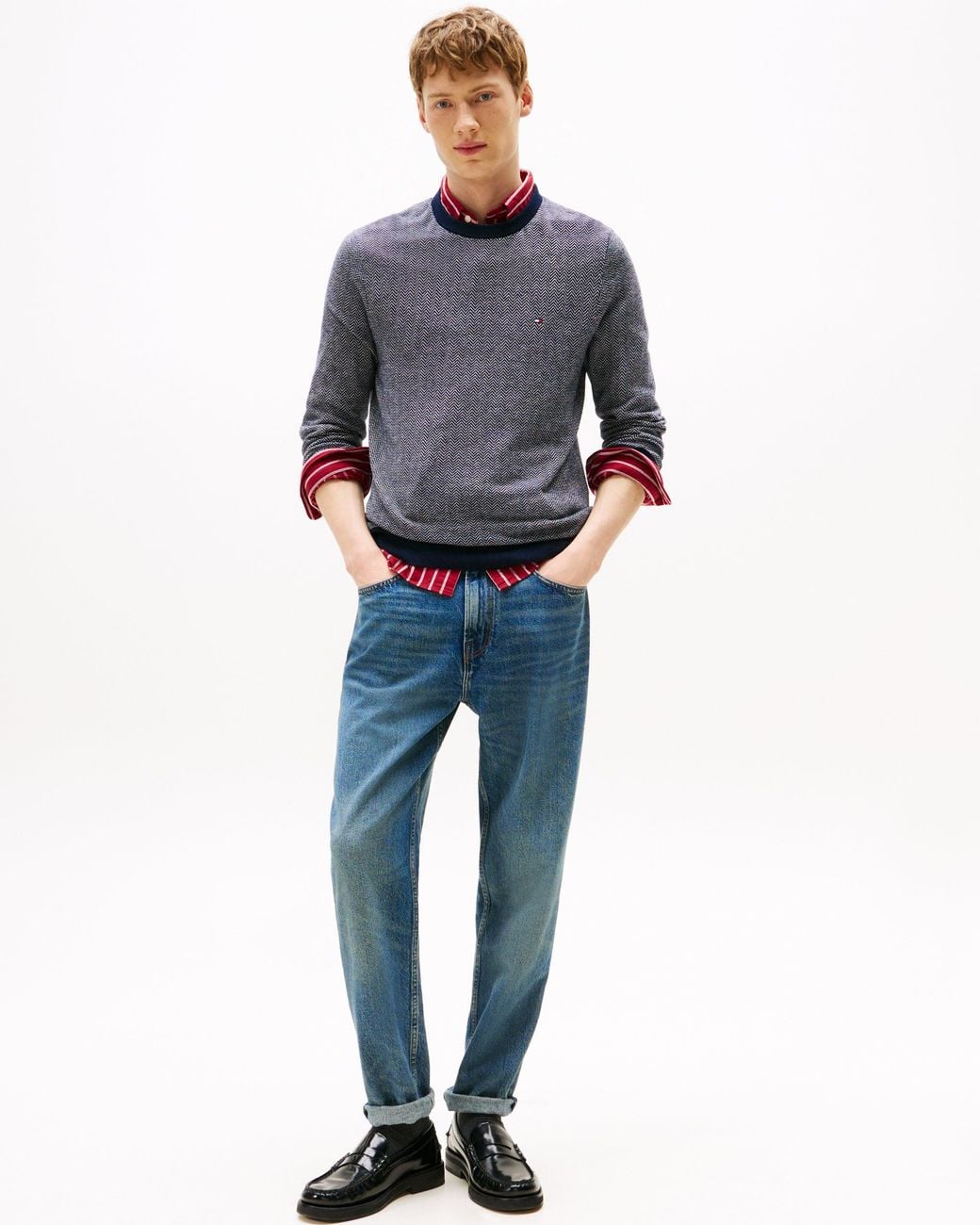 Tommy Hilfiger Gray Pima Cotton Cashmere Herringbone Crew Jumper for men