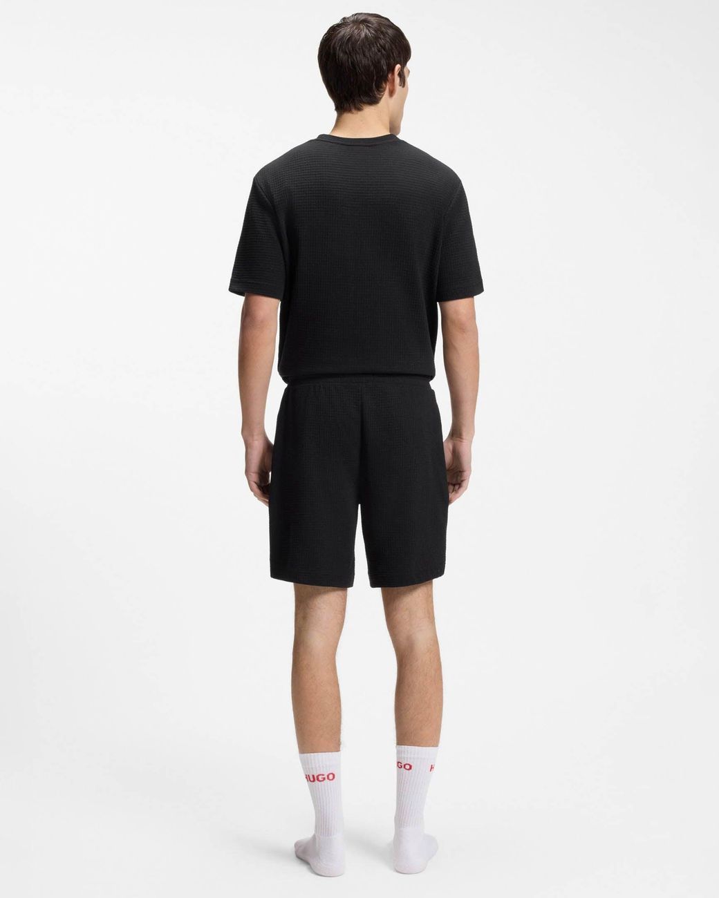 HUGO Black Austin Austin Austin Waffle-Structured Pyjama Shorts With Embroidered Logo for men