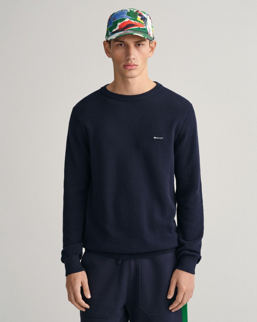 Gant Blue Cotton Pique Crew Neck Jumper for men