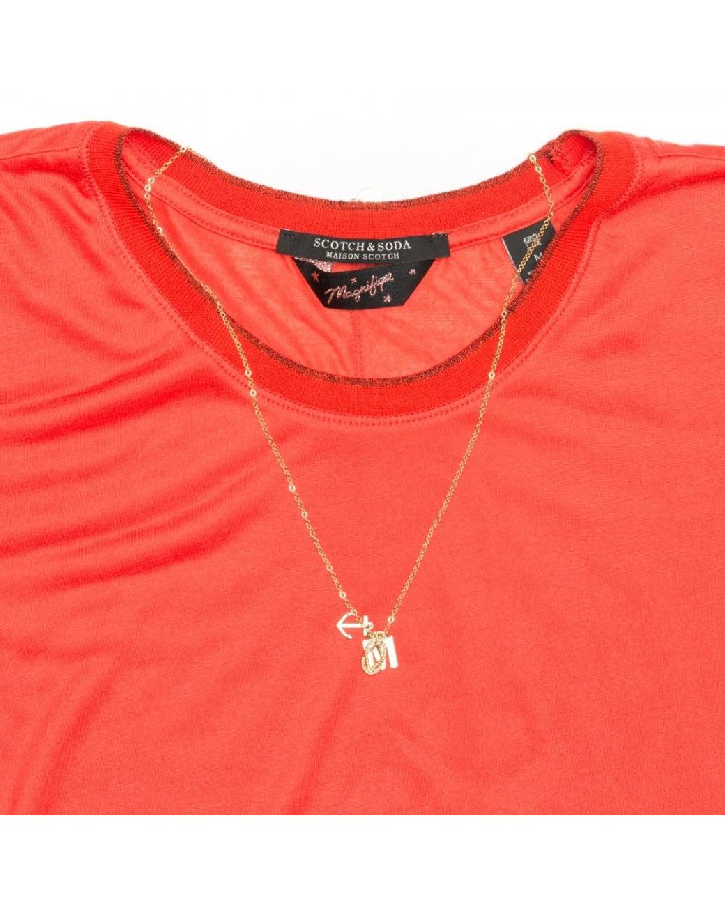 Maison Scotch Red Short Sleeve Lurex Rib Detailed Tee