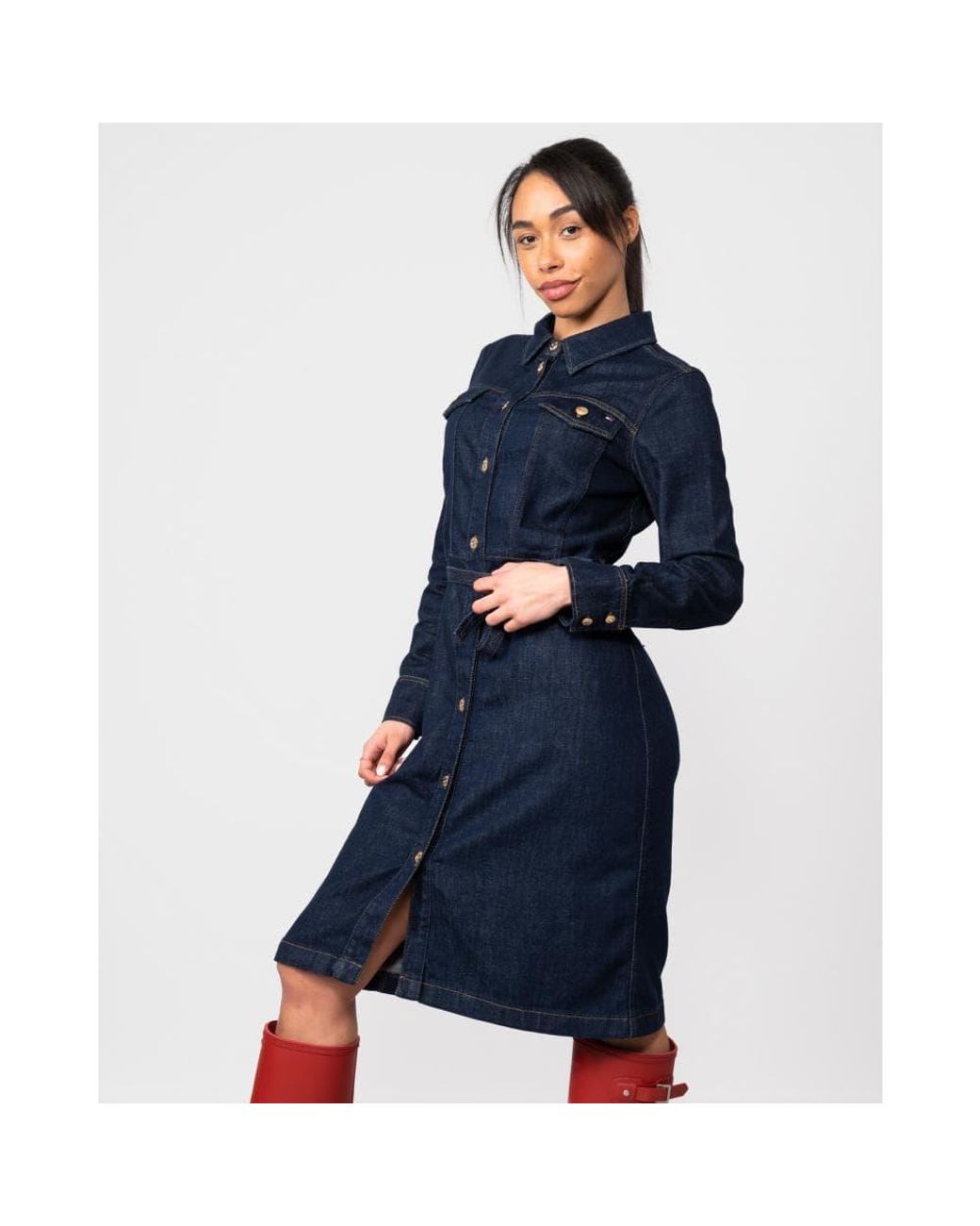 Tommy Hilfiger Denim Long Sleeve Belt Dress in Blue | Lyst