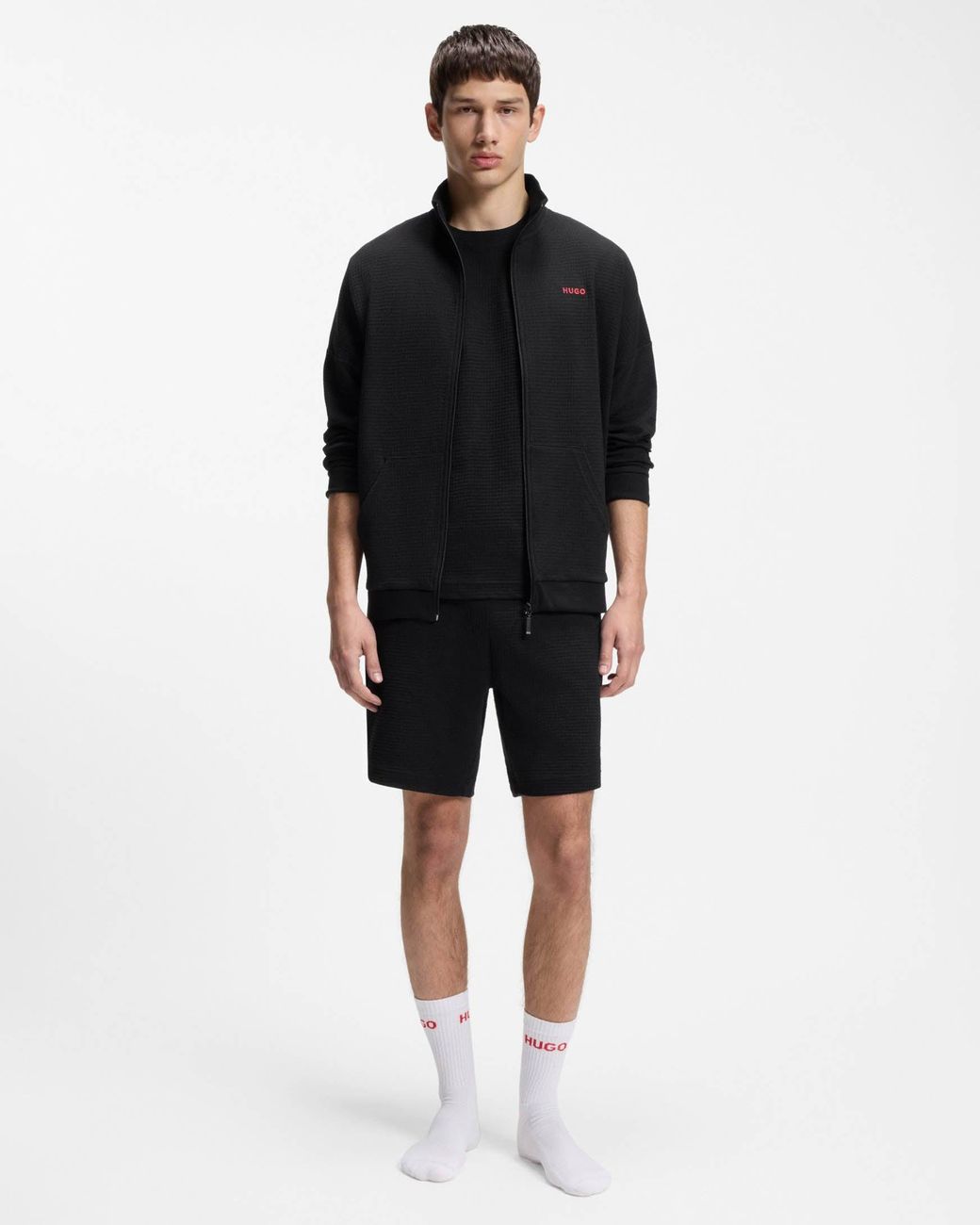 HUGO Black Austin Austin Austin Waffle-Structured Pyjama Shorts With Embroidered Logo for men