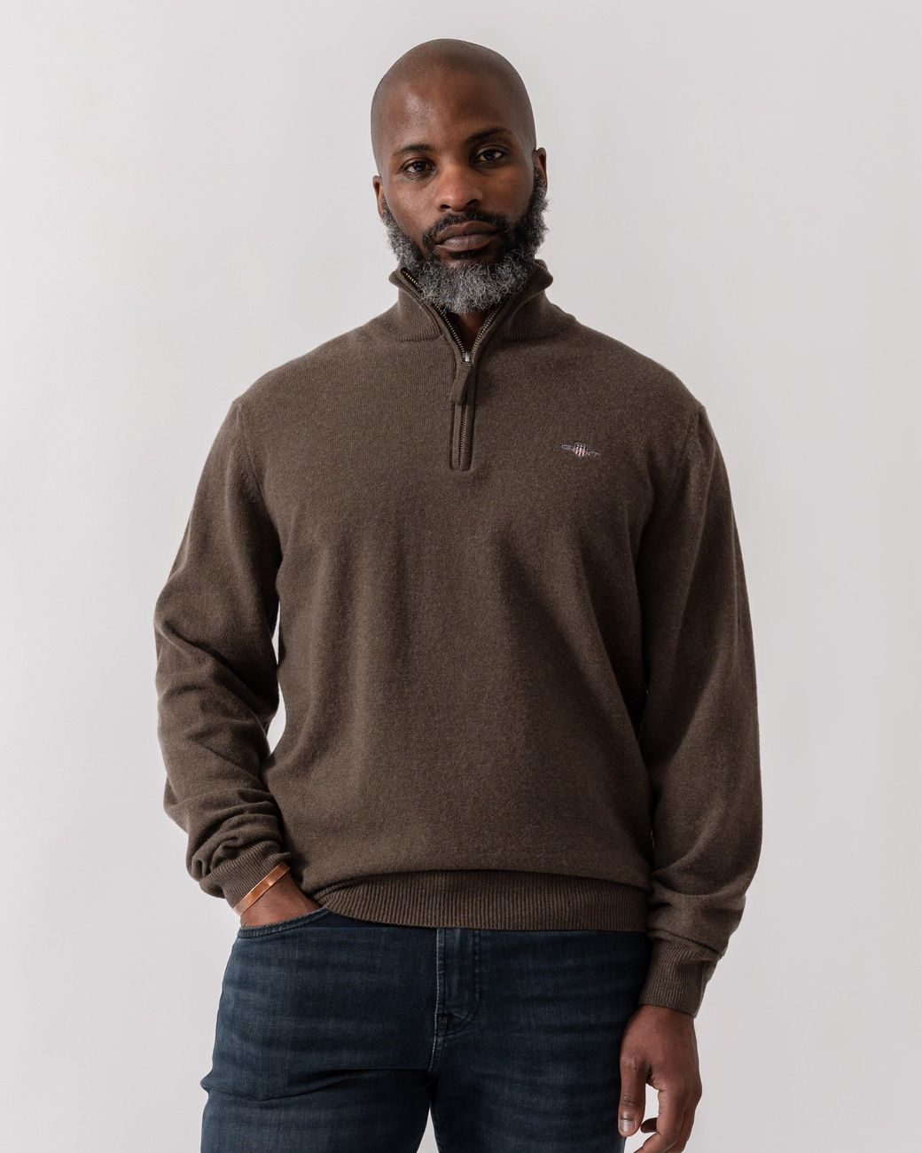 Gant Brown Superfine Lambswool Half Zip Cardigan for men