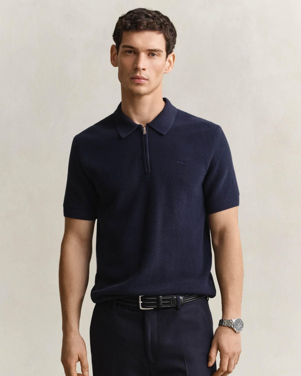 Gant Blue Cotton Rib Half Zip Polo Shirt for men