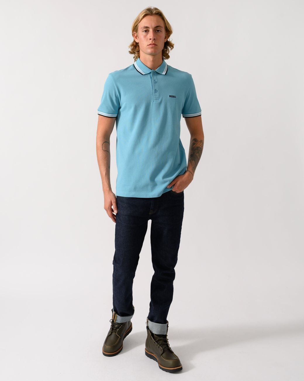 Boss Blue Paddy Cotton-Piqué Polo Shirt With Contrast Logo for men
