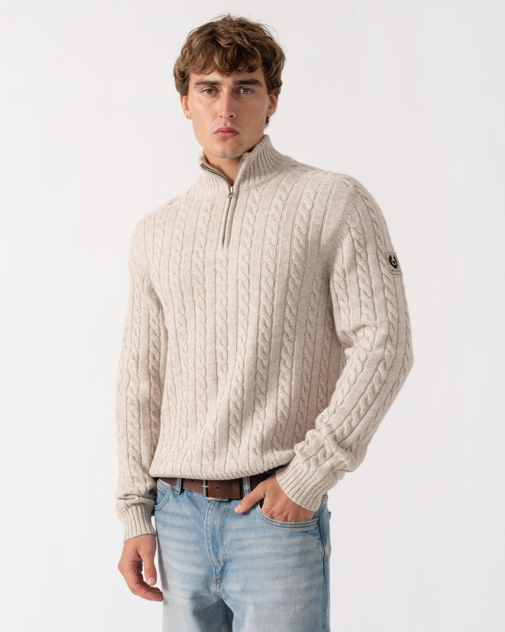 Belstaff Natural Westport Quarter Zip Cable Knit Jumper for men