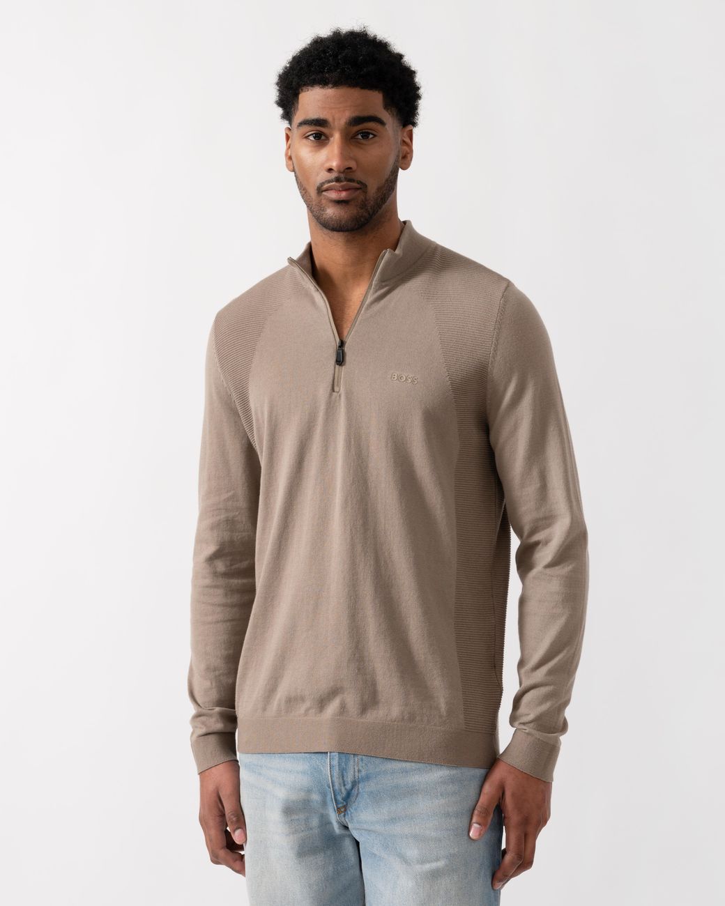 Boss Brown Momentum-Lite 1/4 Zip Funnel Neck Jumper for men
