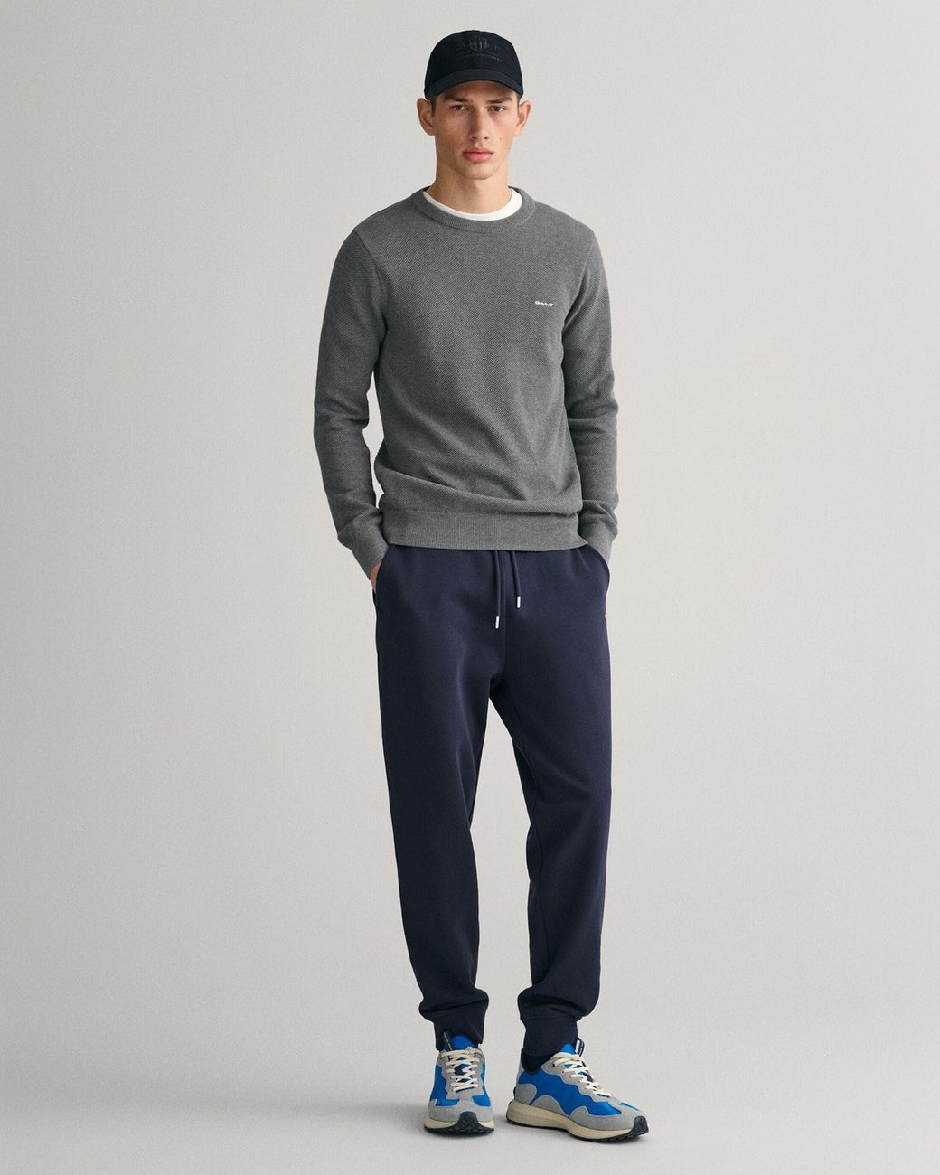 Gant Gray Cotton Pique Crew Neck Jumper for men