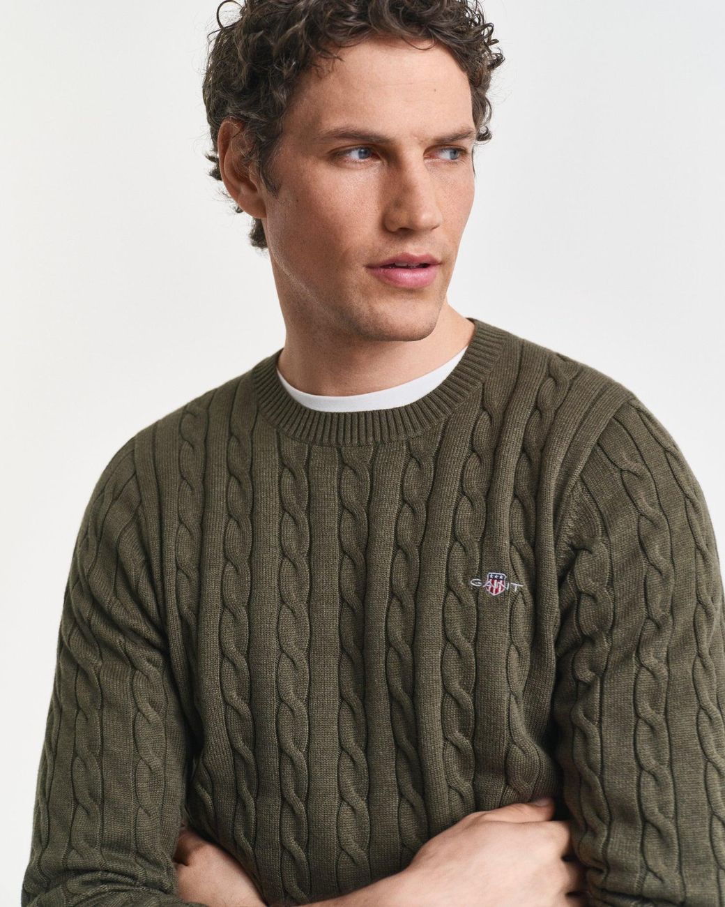 Gant Green Cotton Cable Knit Crew Neck Jumper for men