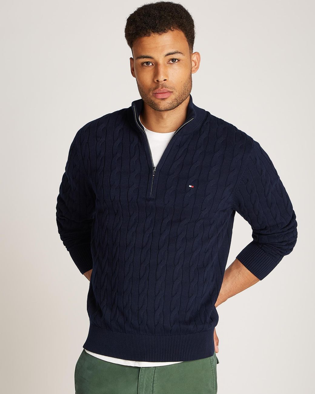 Tommy Hilfiger Blue Classic Cotton Cable Half Zip Mock Sweatshirt for men