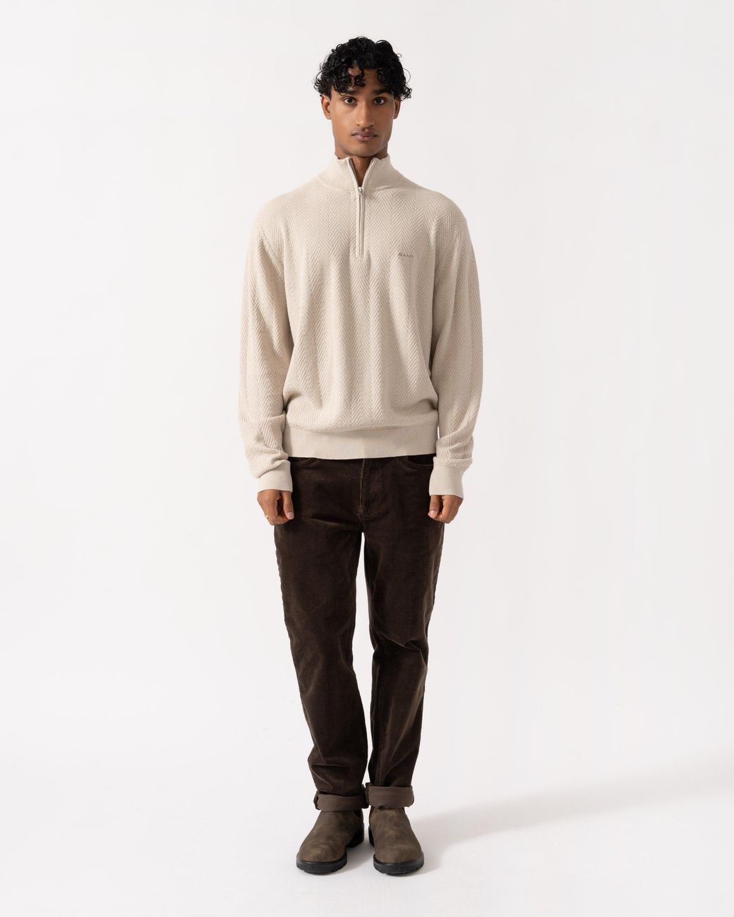 Gant Natural Herringbone Texture Half Zip Sweater for men
