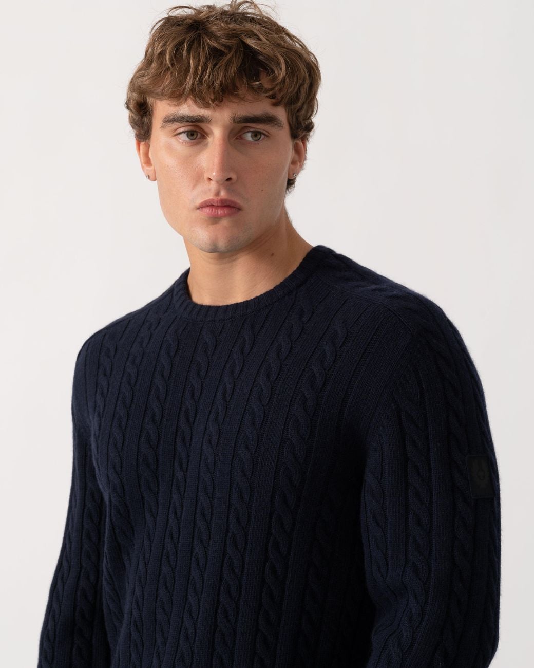 Belstaff Blue Westport Crew Neck Cable Knit Jumper for men