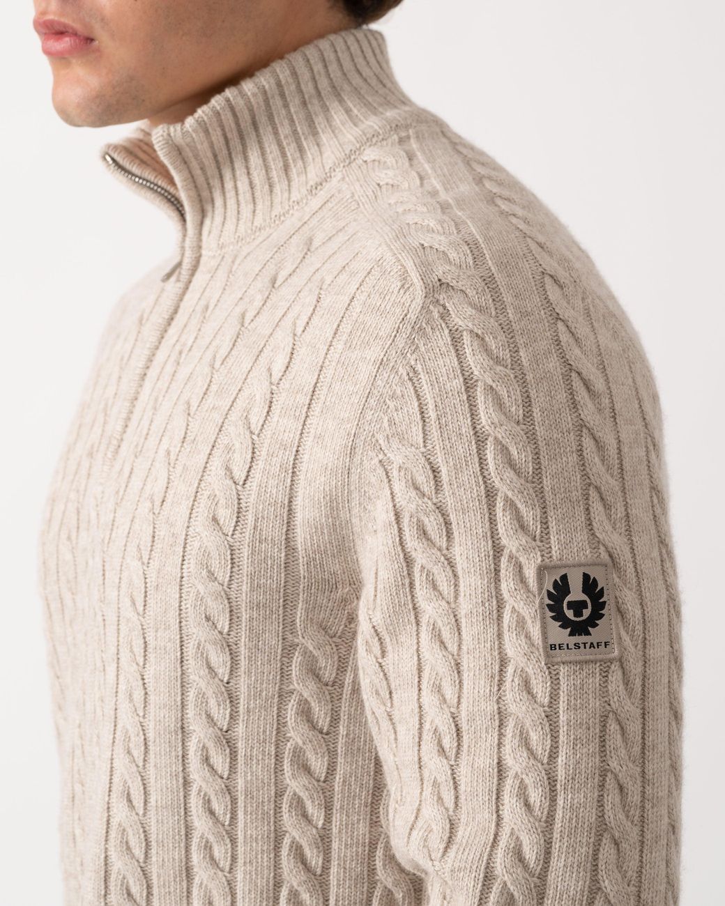 Belstaff Natural Westport Quarter Zip Cable Knit Jumper for men