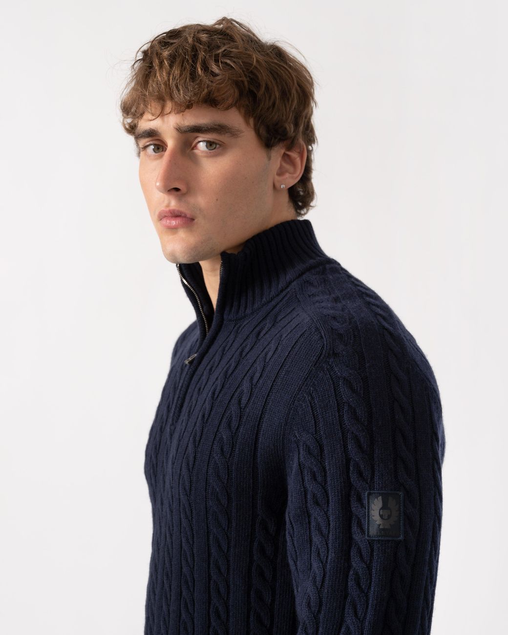 Belstaff Blue Westport Quarter Zip Cable Knit Jumper for men