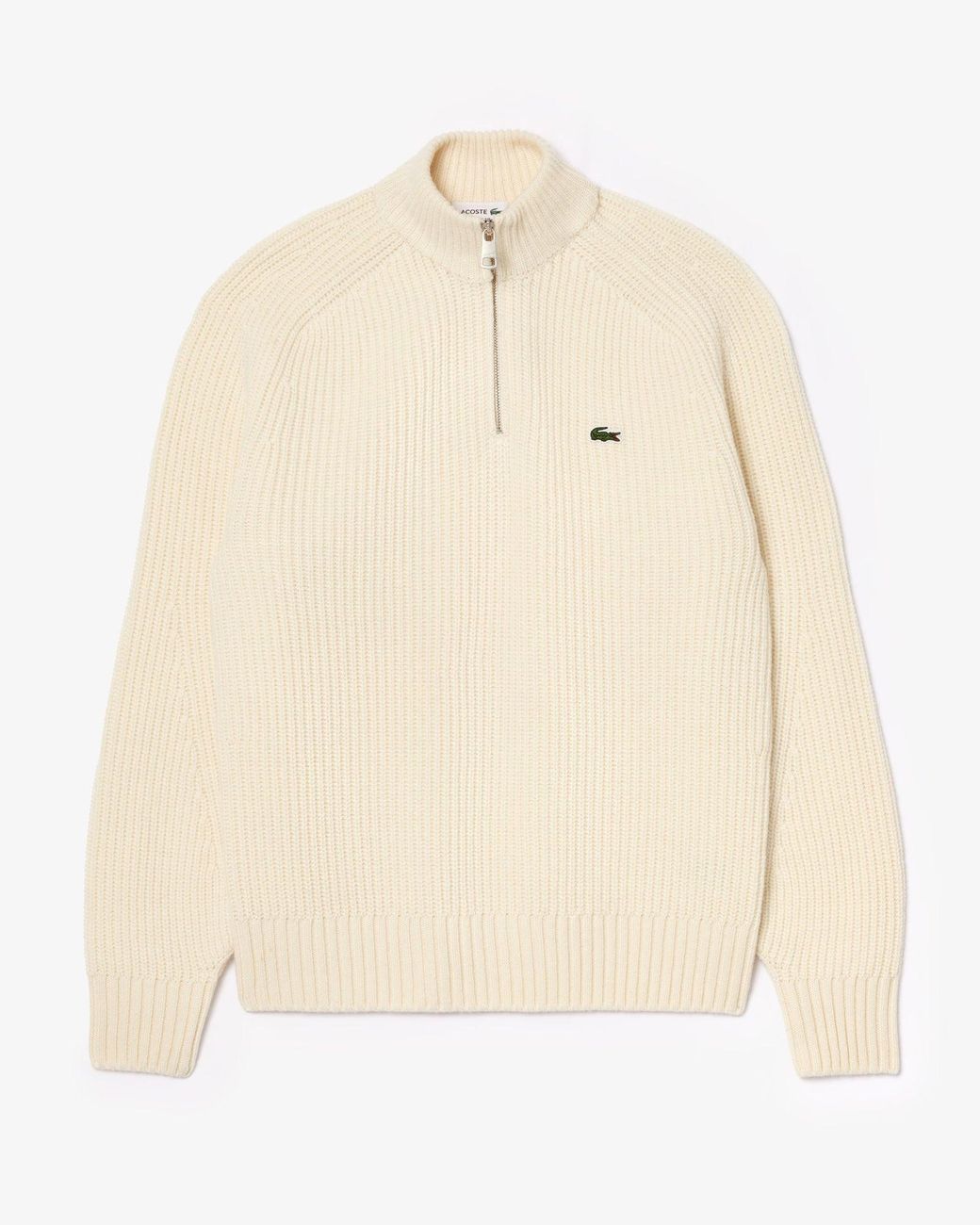 Lacoste Natural High Zip Neck Thick Rib Knit Wool Sweater for men