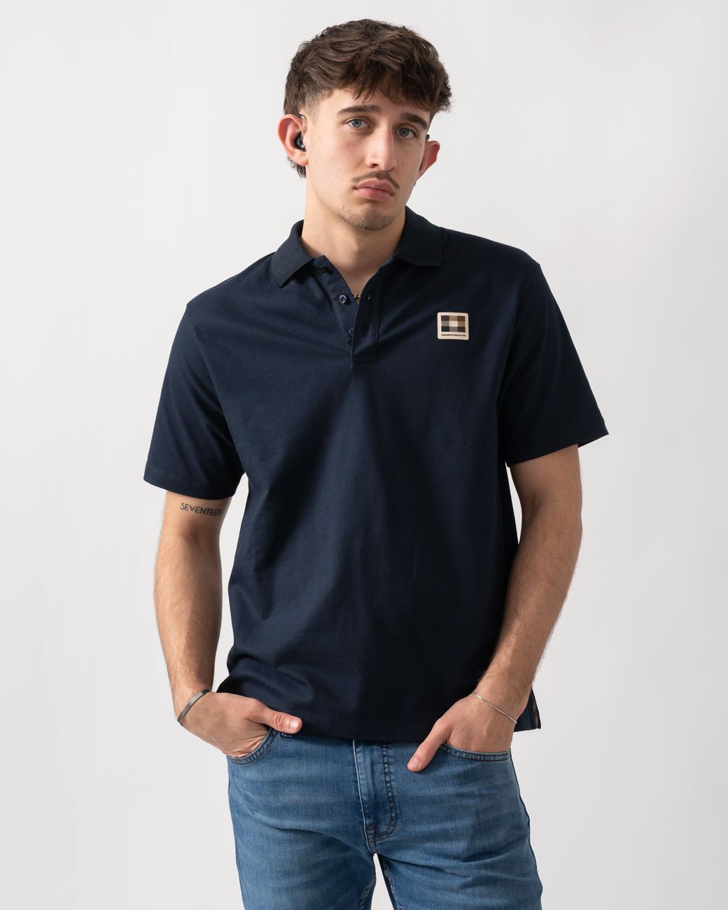 Aquascutum Blue Stretch Piquet Badge Polo Shirt for men