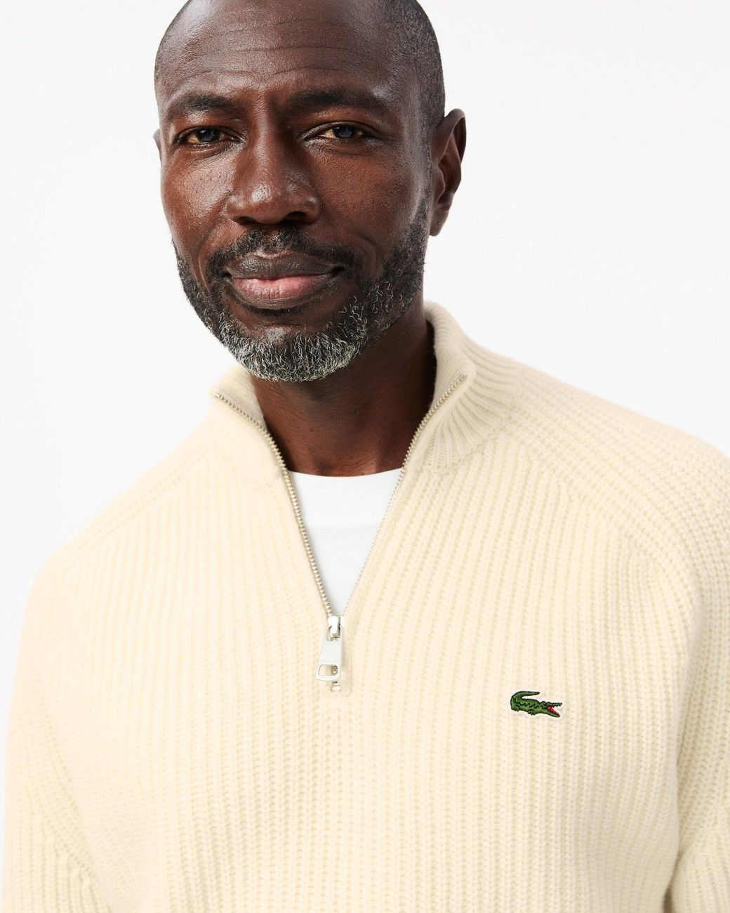 Lacoste Natural High Zip Neck Thick Rib Knit Wool Sweater for men