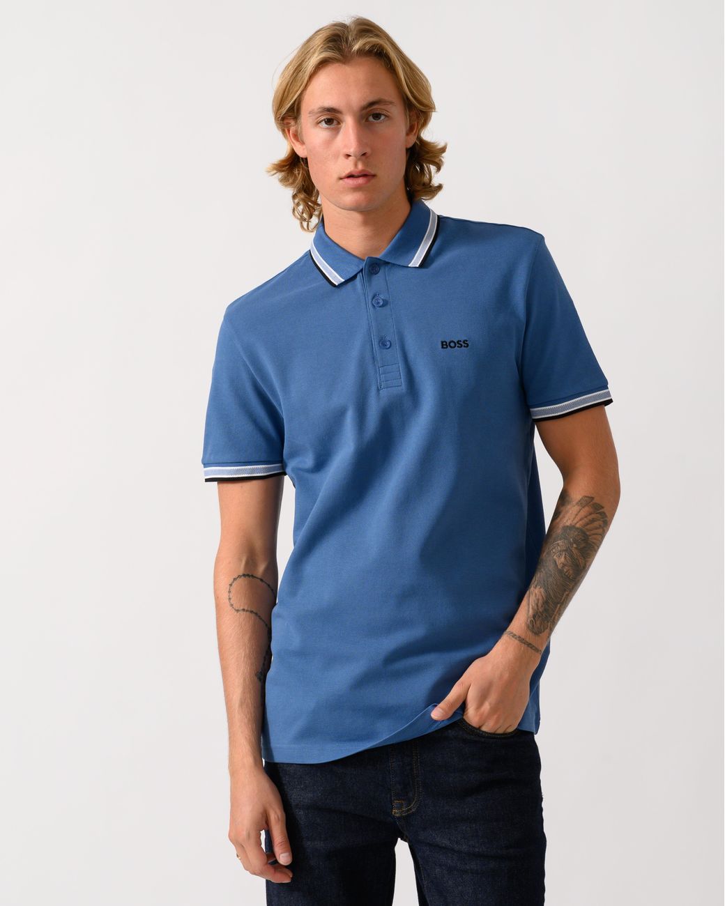 Boss Blue Paddy Cotton-Piqué Polo Shirt With Contrast Logo for men