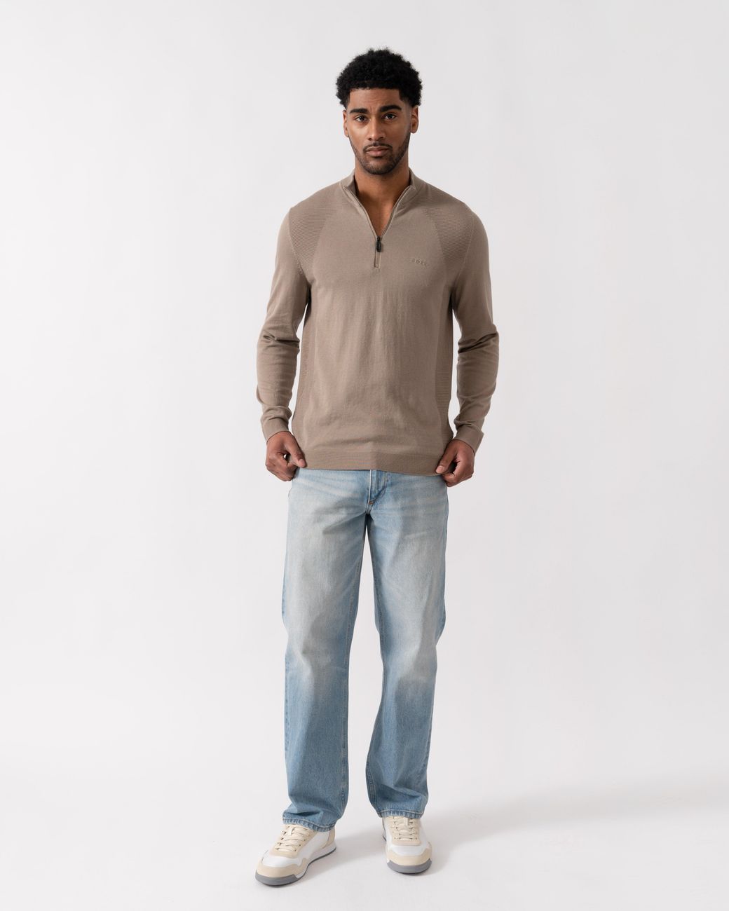Boss Brown Momentum-Lite 1/4 Zip Funnel Neck Jumper for men