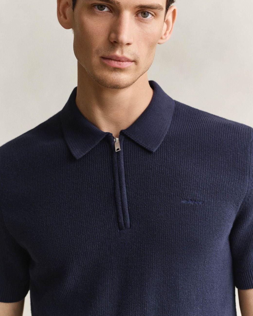 Gant Blue Cotton Rib Half Zip Polo Shirt for men