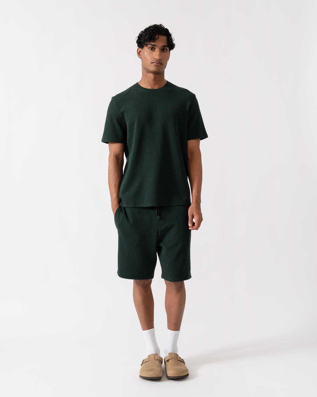 Boss Green Waffle Cotton Blend Waffle Structure Pyjama Shorts With Embroidered Logo for men