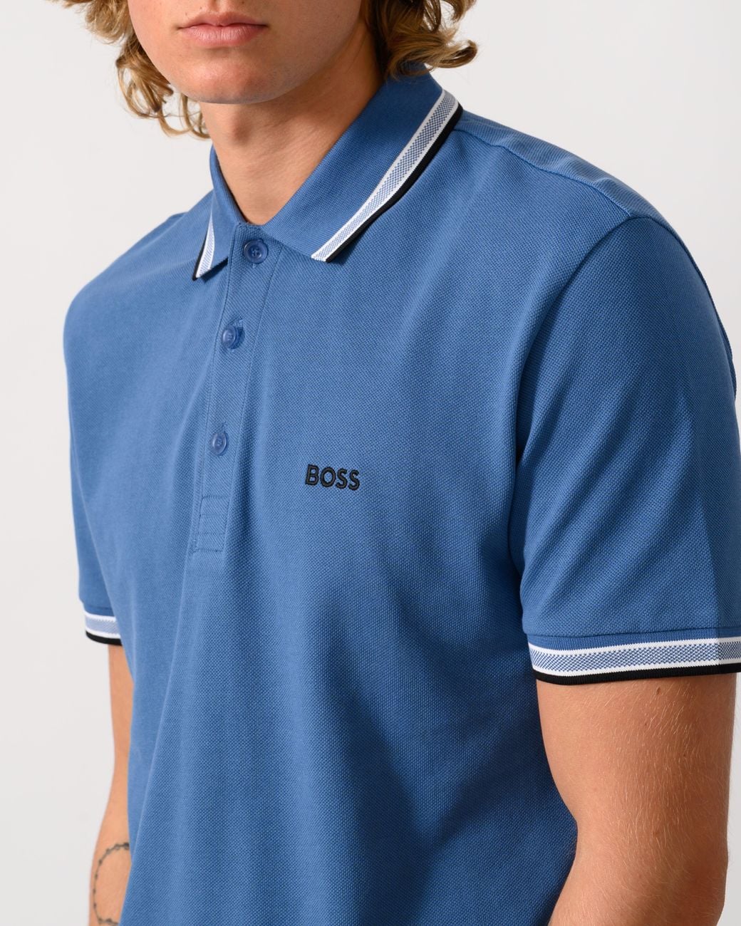 Boss Blue Paddy Cotton-Piqué Polo Shirt With Contrast Logo for men