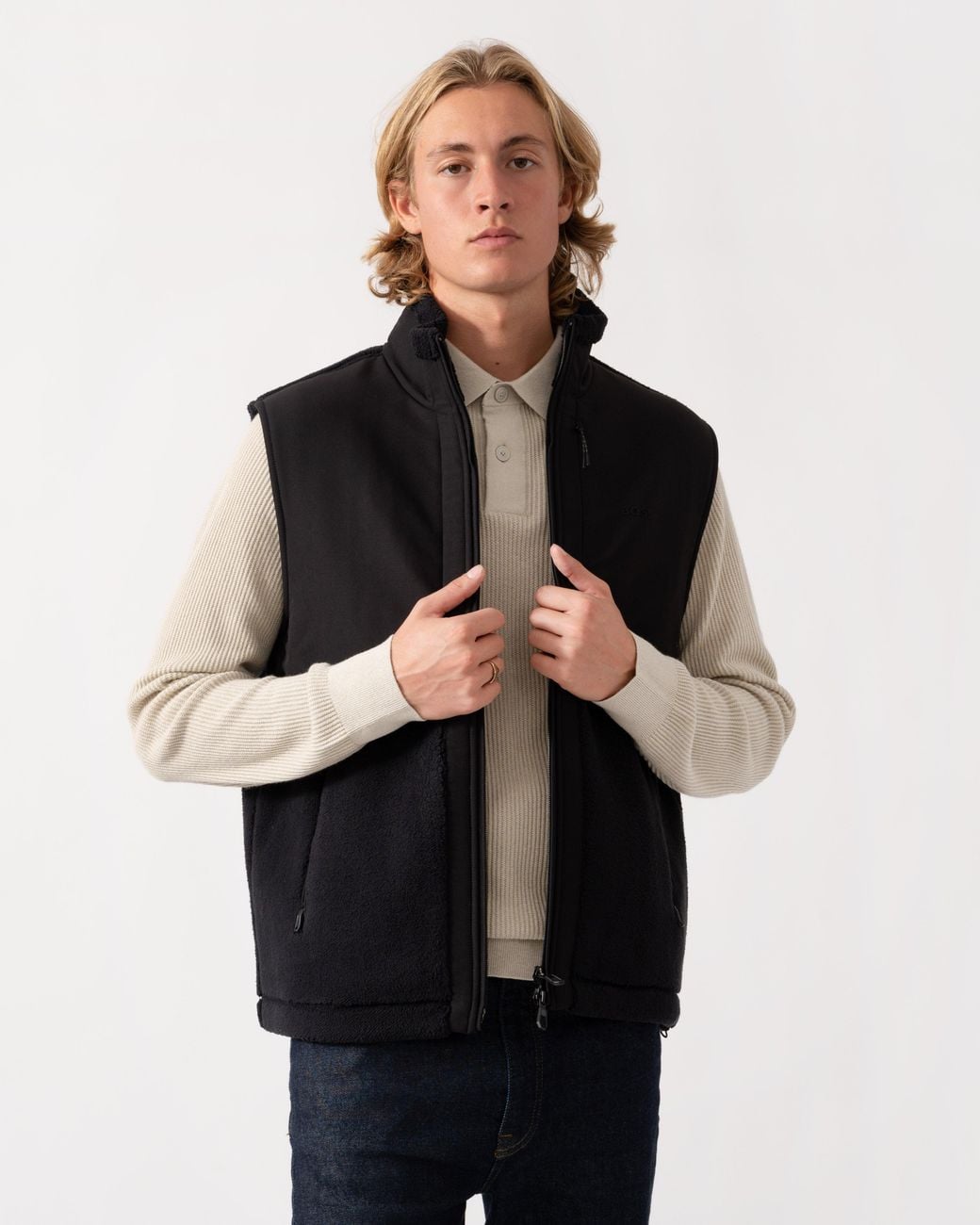 Boss Black Sveedy Contrast-Panel Teddy Fleece Gilet With Logo for men