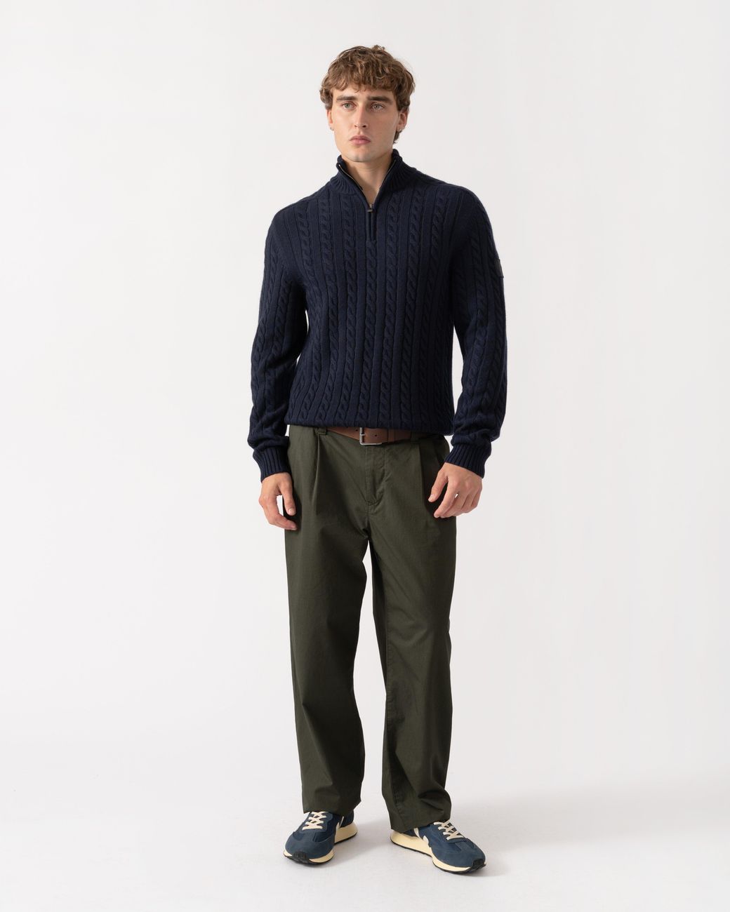 Belstaff Blue Westport Quarter Zip Cable Knit Jumper for men
