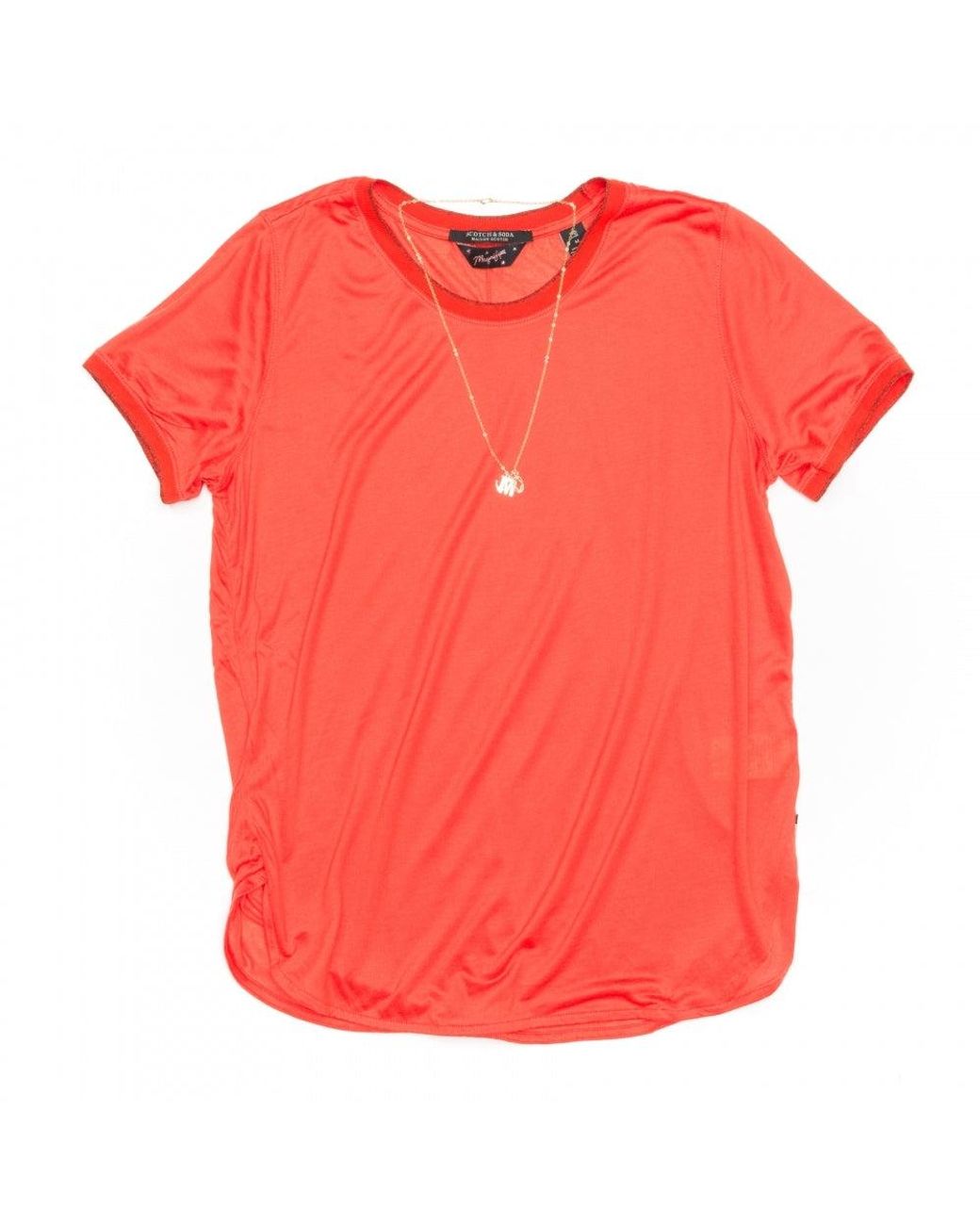 Maison Scotch Red Short Sleeve Lurex Rib Detailed Tee
