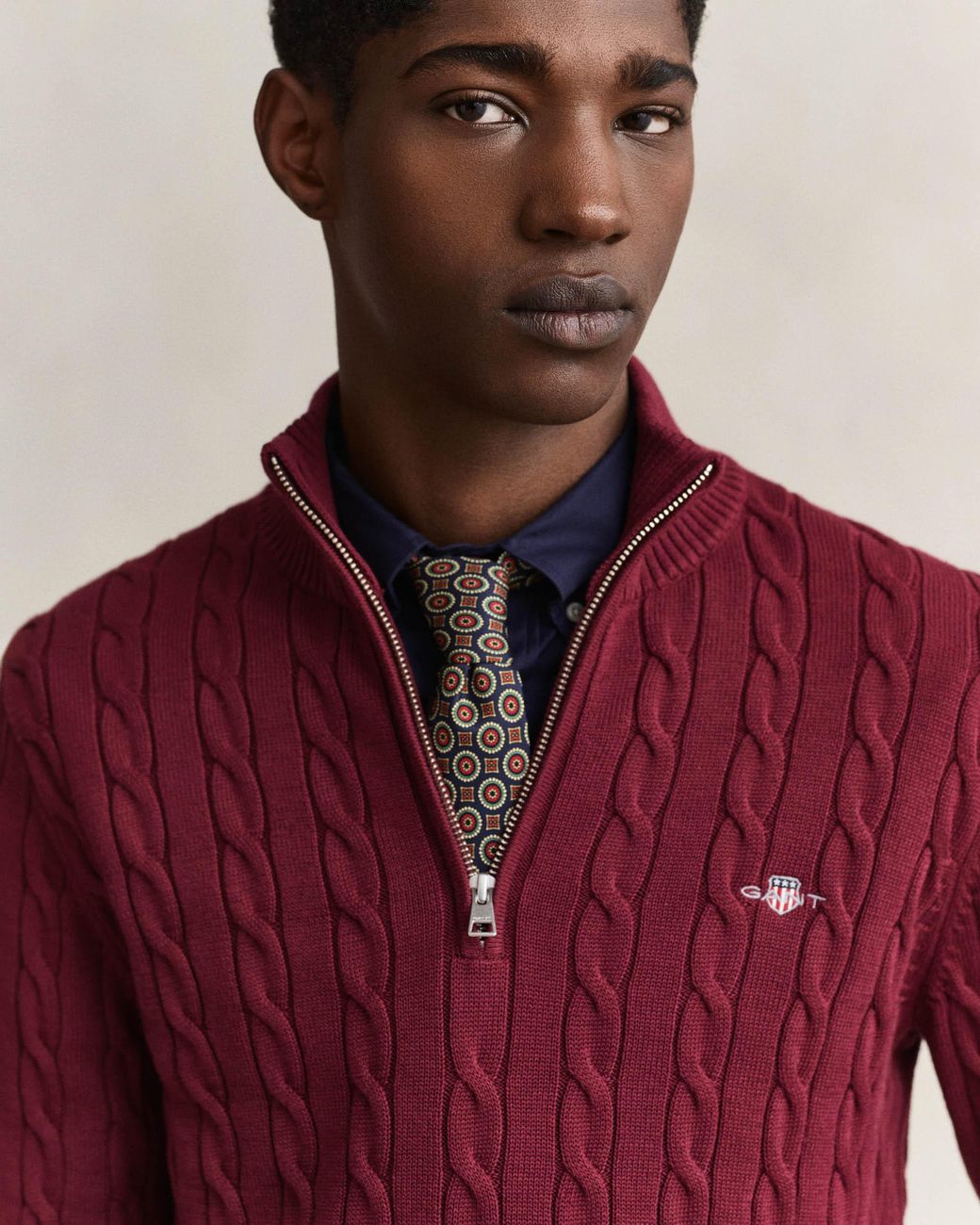 Gant Red Cotton Cable Half Zip Jumper for men
