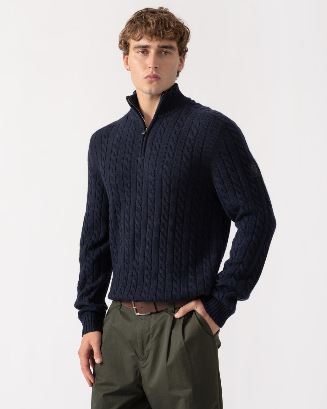 Belstaff Blue Westport Quarter Zip Cable Knit Jumper for men