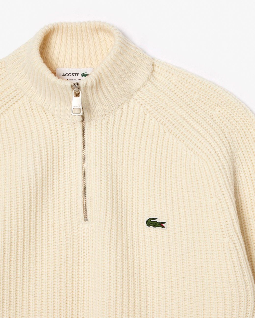 Lacoste Natural High Zip Neck Thick Rib Knit Wool Sweater for men