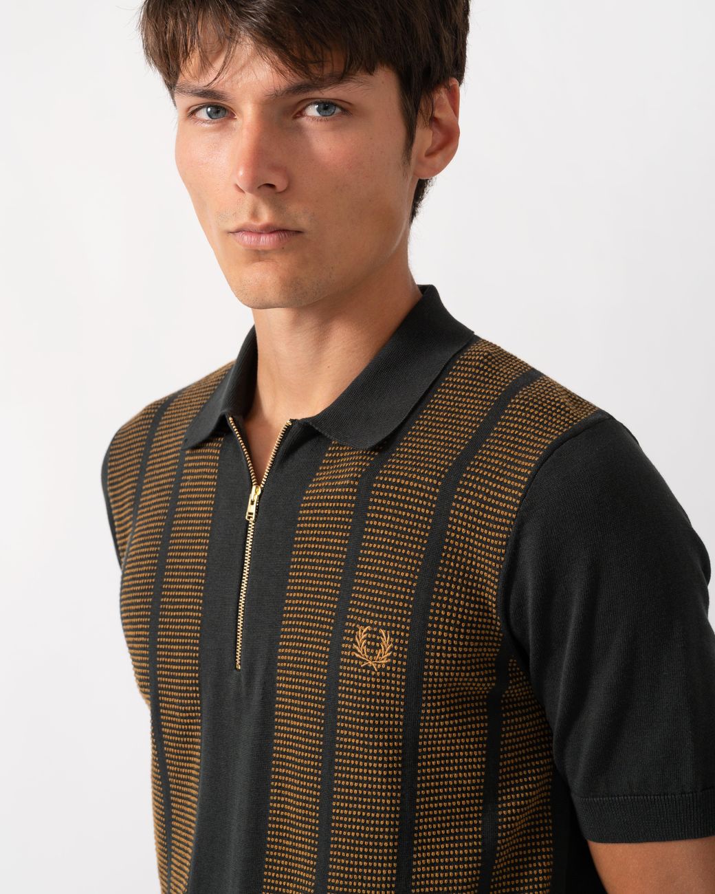 Fred Perry Black Textured Panel Knitted Polo Shirt for men