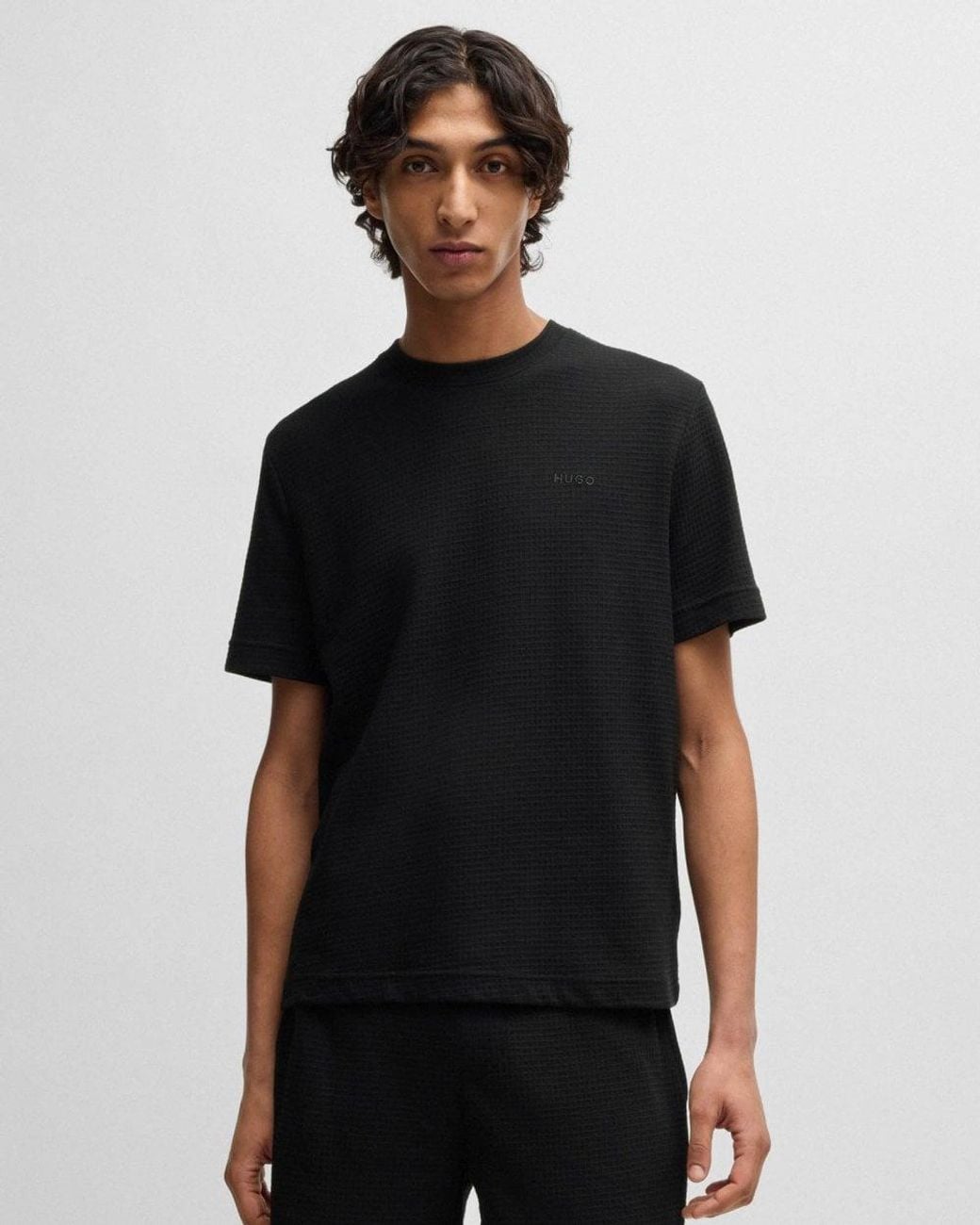 HUGO Black Austin Waffle-Structured Pyjama T-Shirt With Embroidered Logo for men