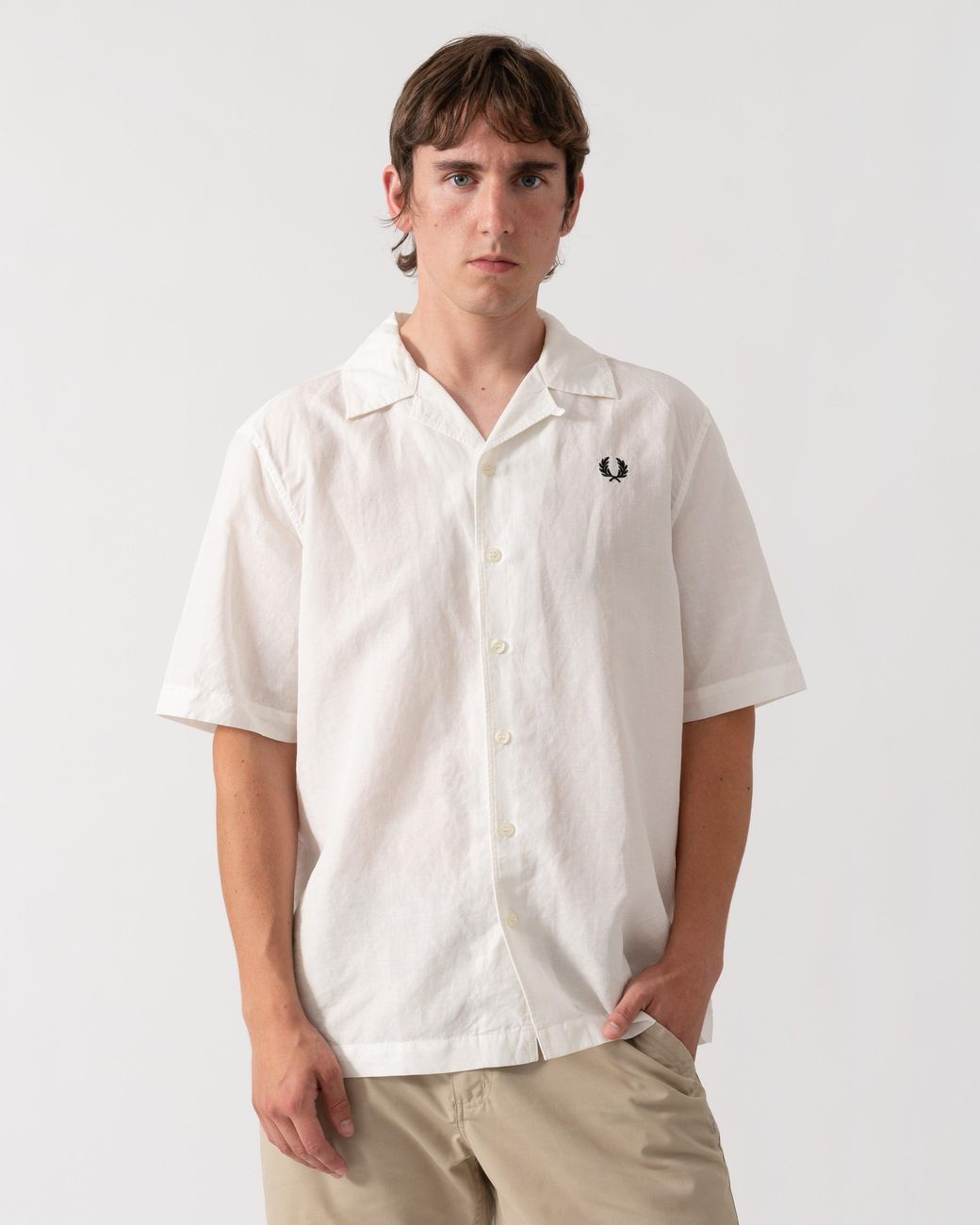 Fred Perry White Linen Blend Revere Collar Shirt for men