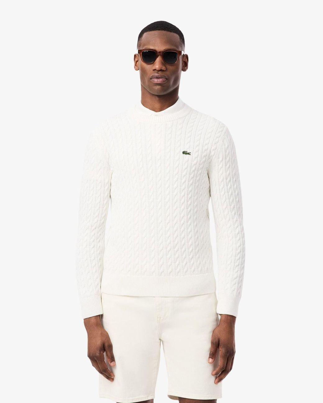 Lacoste White Cable Knit Cotton Jumper for men