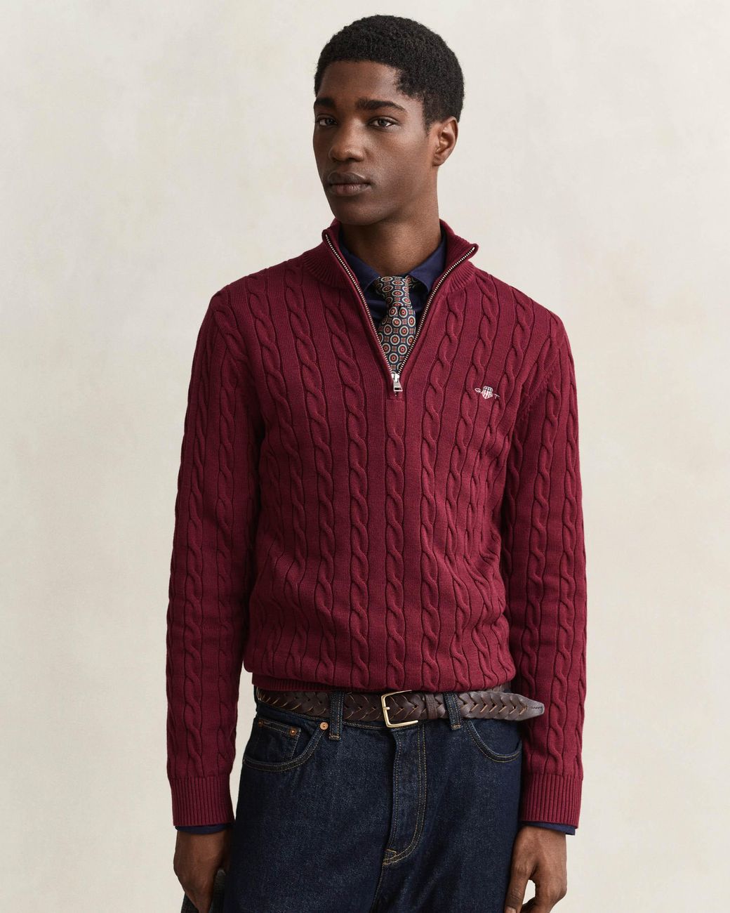 Gant Red Cotton Cable Half Zip Jumper for men