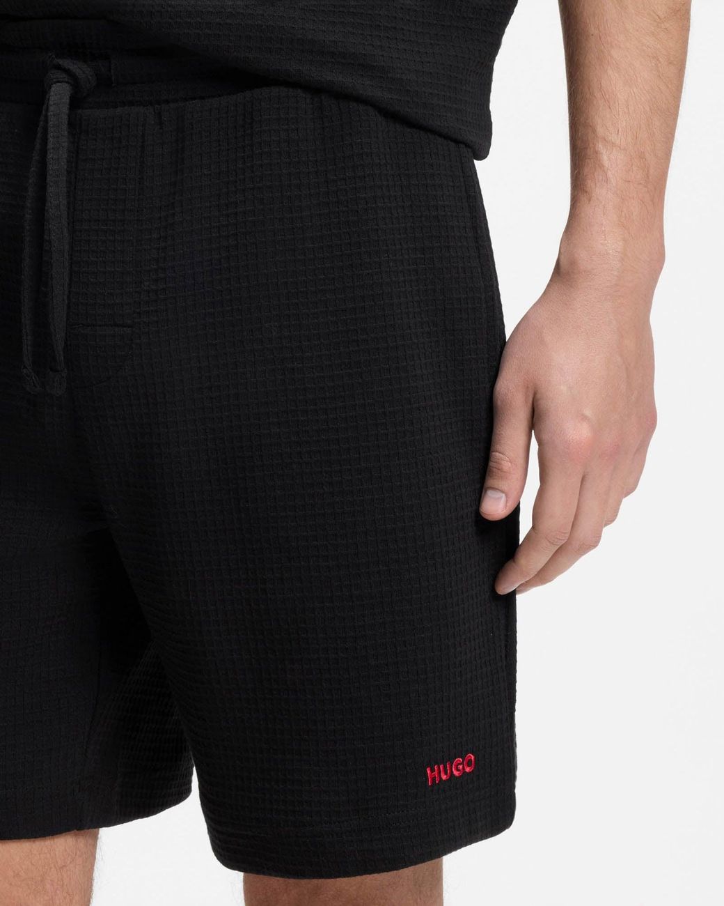 HUGO Black Austin Austin Austin Waffle-Structured Pyjama Shorts With Embroidered Logo for men