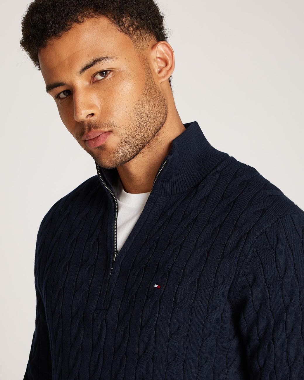 Tommy Hilfiger Blue Classic Cotton Cable Half Zip Mock Sweatshirt for men