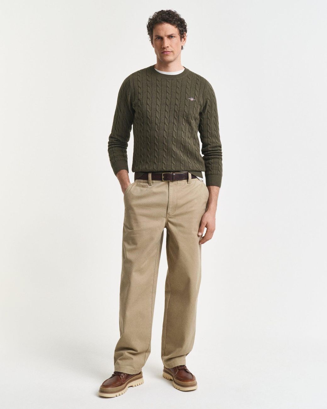 Gant Green Cotton Cable Knit Crew Neck Jumper for men