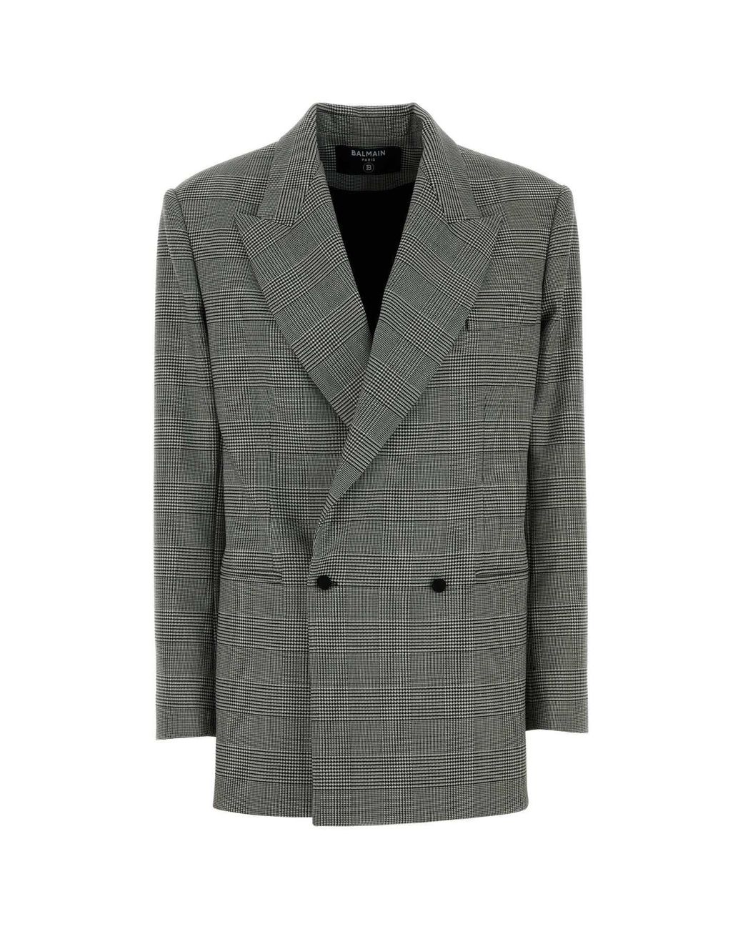 Balmain Gray Houndstooth Double-Breasted Wool-Blend Blazer