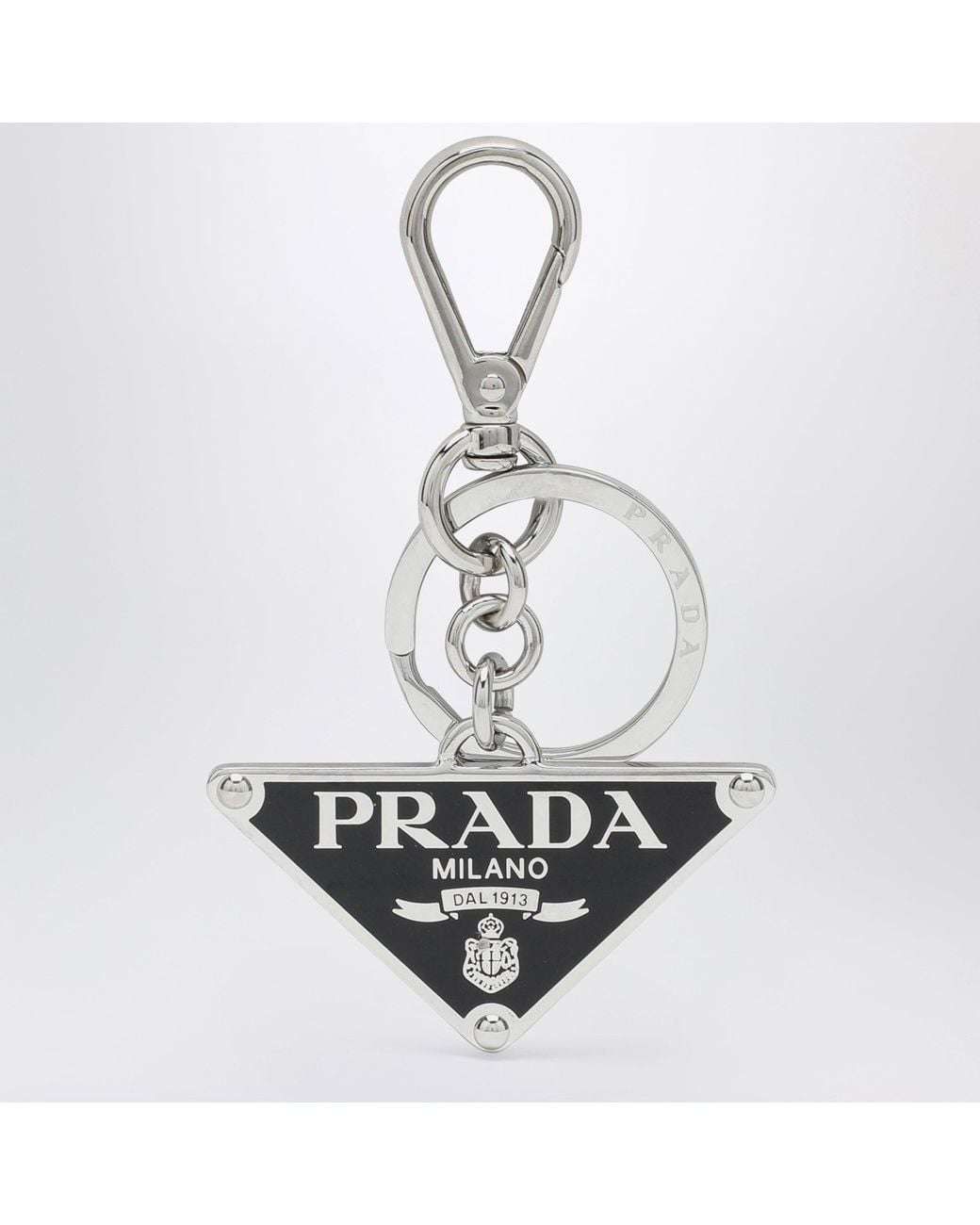 Prada White Metal Keyring With Triangle Logo for men