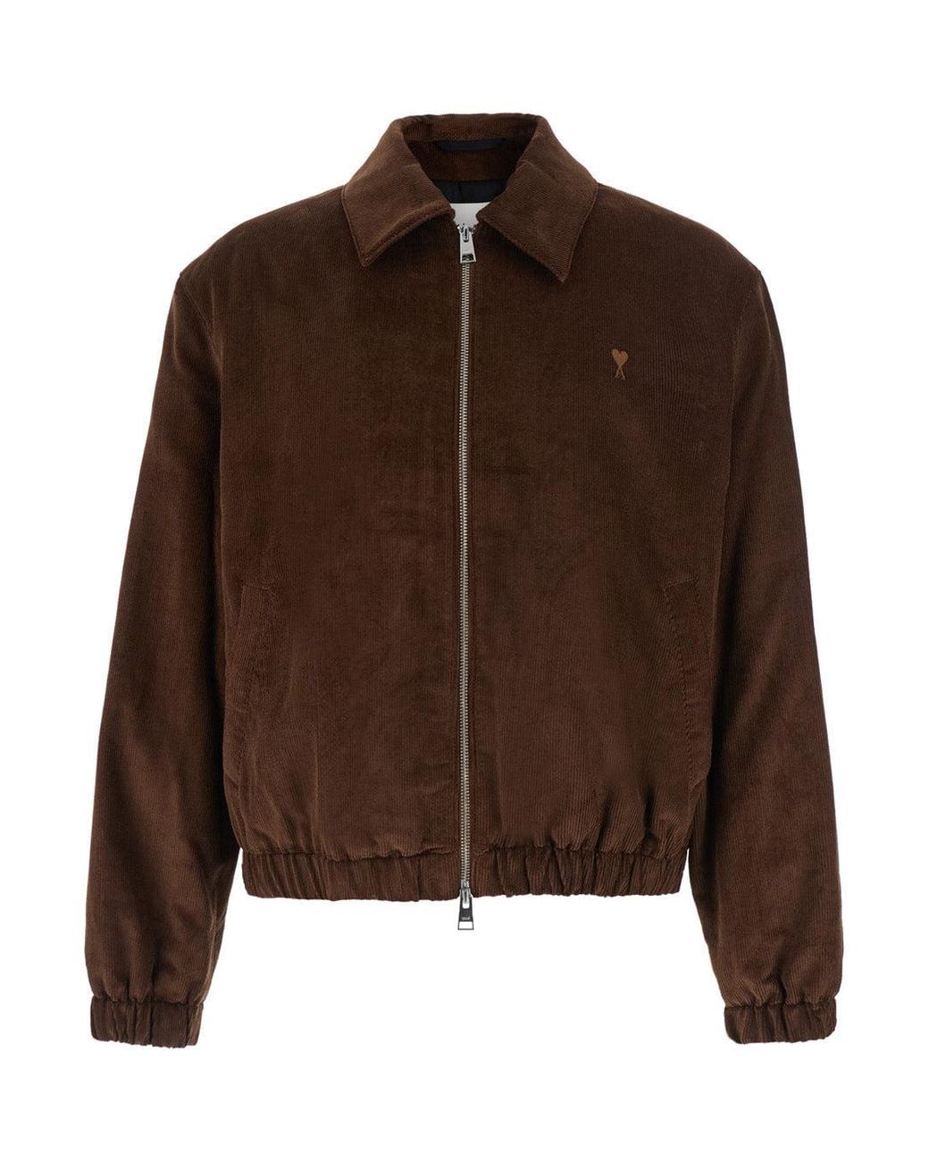 AMI Brown Quilted Tech Fabric Zip-Up Jacket for men
