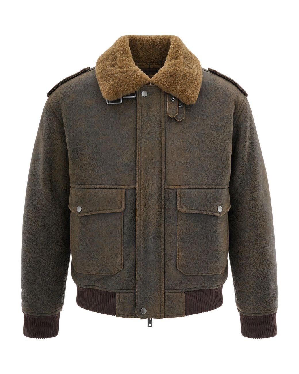 DFOUR® Gray Shearling-Collar Leather Bomber Jacket for men
